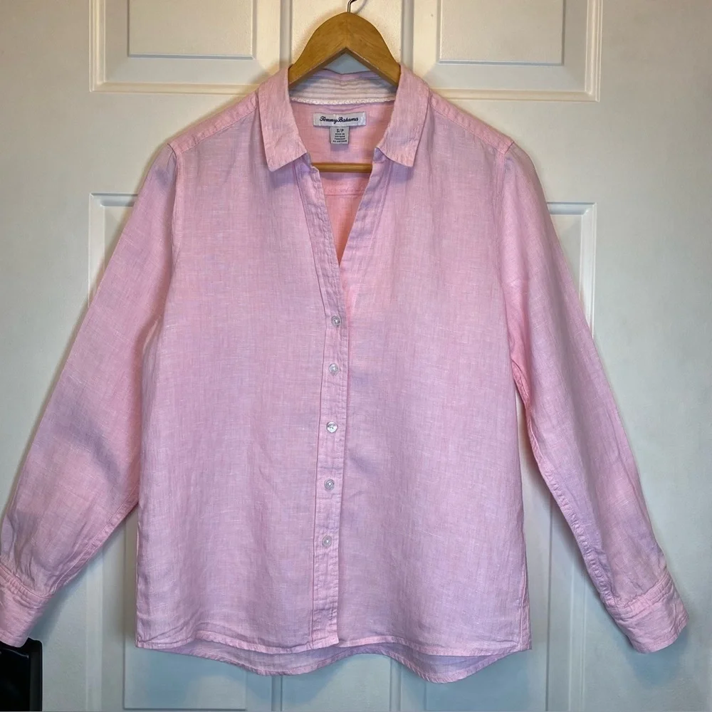 Tommy Bahama 100% Linen Pink Button-Up Shirt Blouse Long Sleeve Sz S/P - Picture 1 of 16